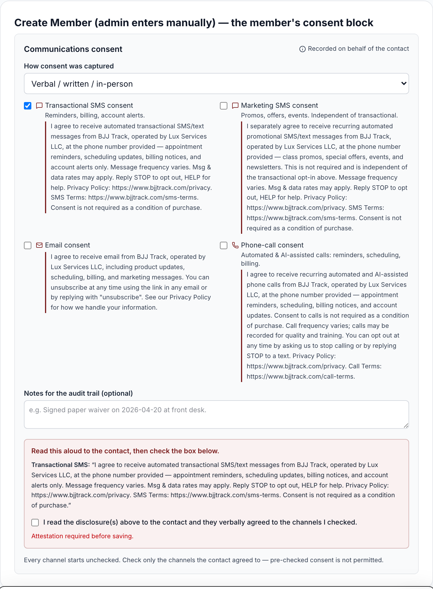 The Create Member screen on the tenant dashboard with the consent capture block (SMS, email, phone) and required staff attestation.