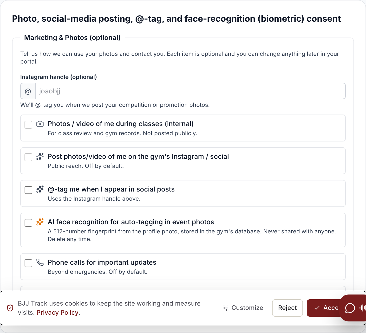 The photo, social-media posting, @-tag, and face-recognition (biometric) consent toggles, each off by default and separate from messaging consent.