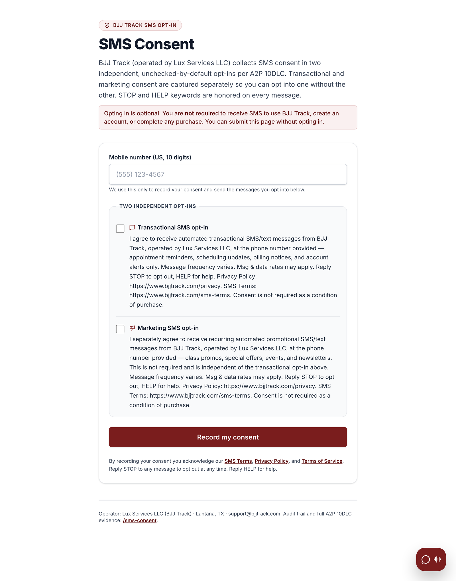 The bjjtrack.com/sms-consent-cta public opt-in page: phone number field and two unchecked SMS consent checkboxes (transactional and marketing) with full disclosures.