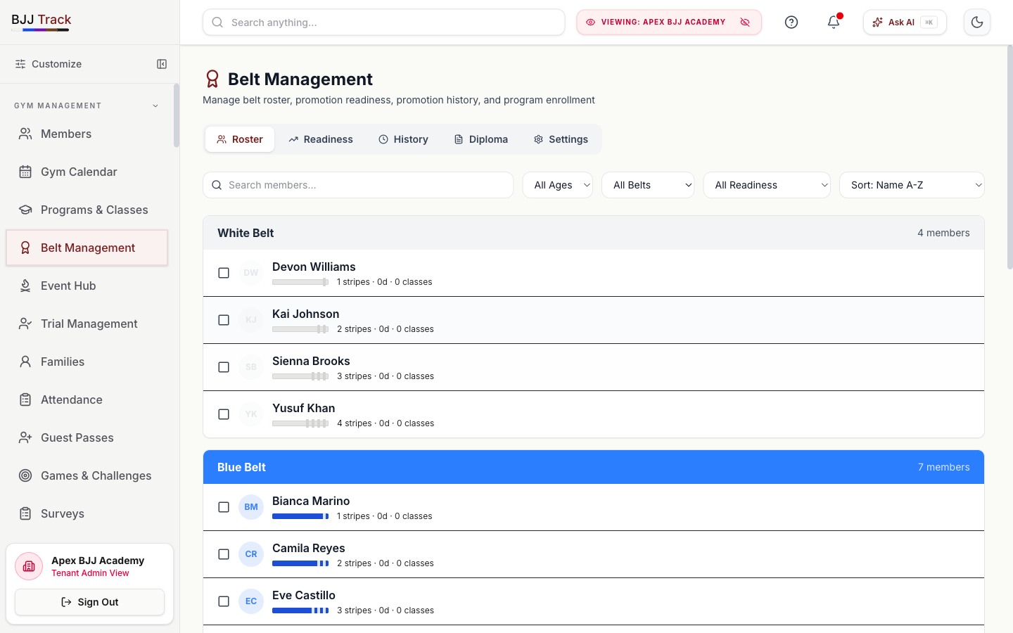 BJJ Track belt and rank tracking screenshot