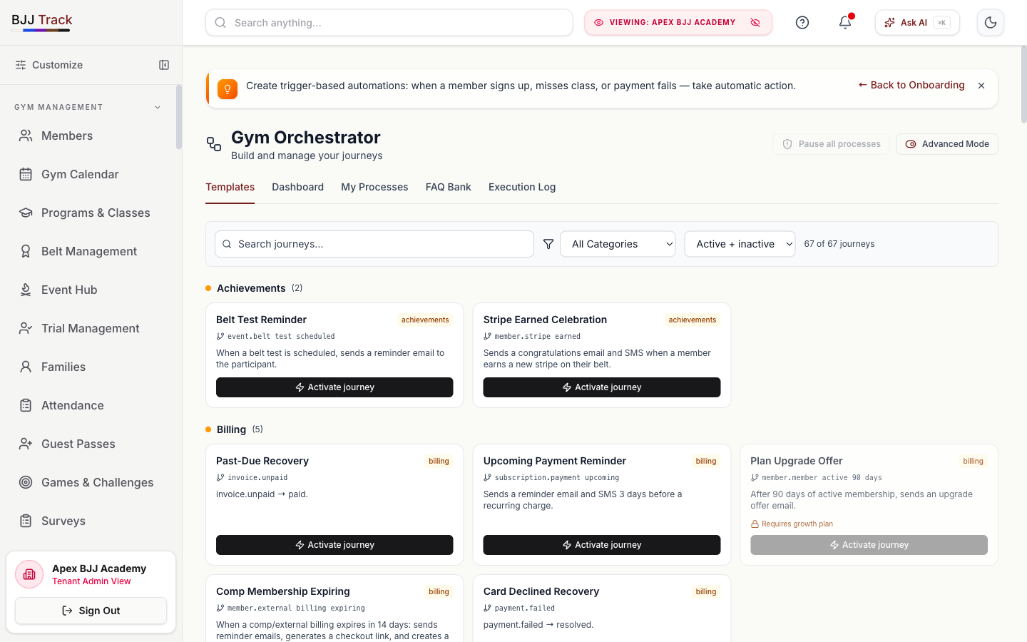 BJJ Track AI workflow screen showing controlled academy actions