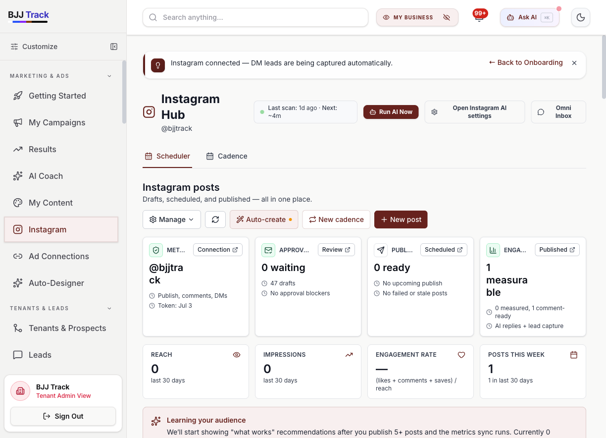 BJJ Track Instagram Hub — connected account, approval queue, AI scan cadence, posting health, engagement metrics
